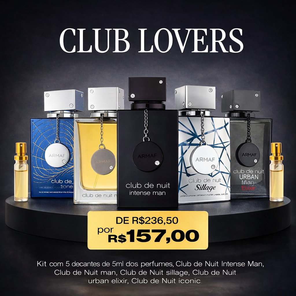 CLUB LOVERS - Combo Árabe com 5 Decants de 5ml. (Club de nuit intense Man, Club de nuit Man, Urban Elixir, Sillage e Iconic)